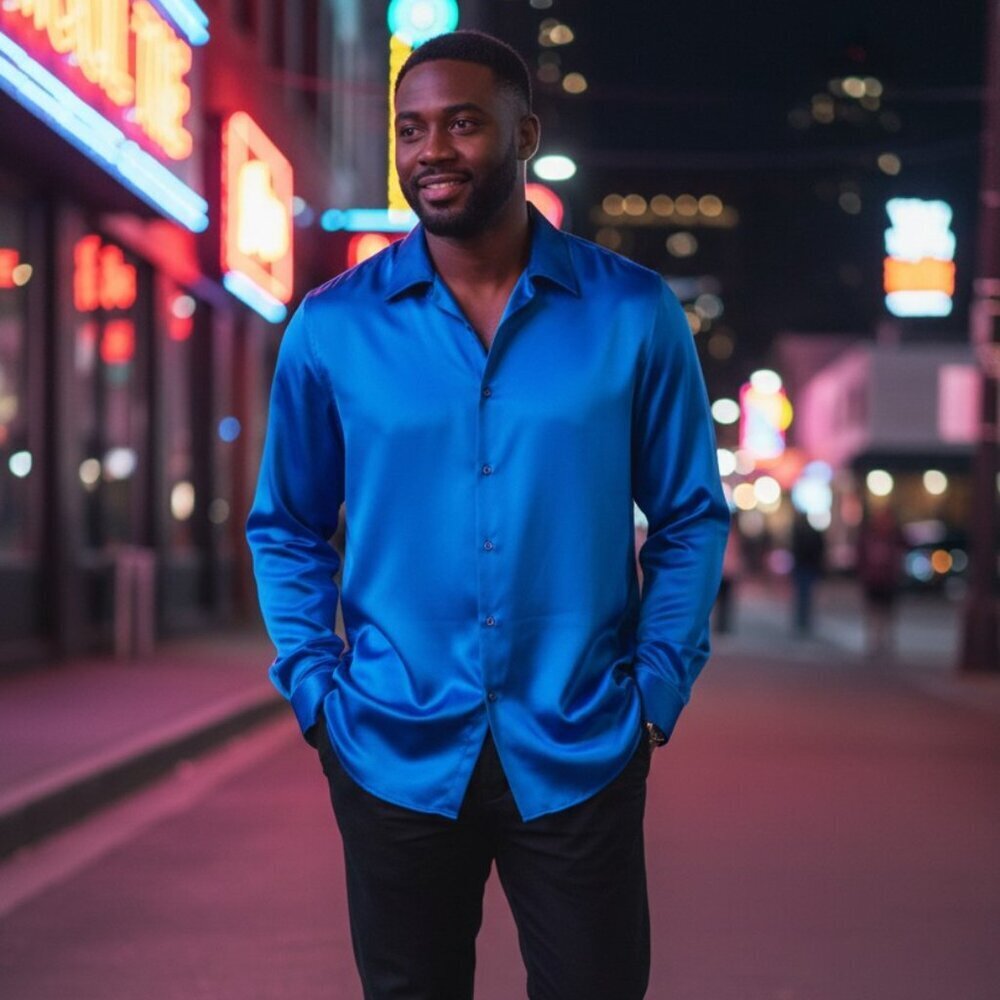 Money Collection Mens 18.5 36 37 Blue Button Up Long Sleeve Polyester